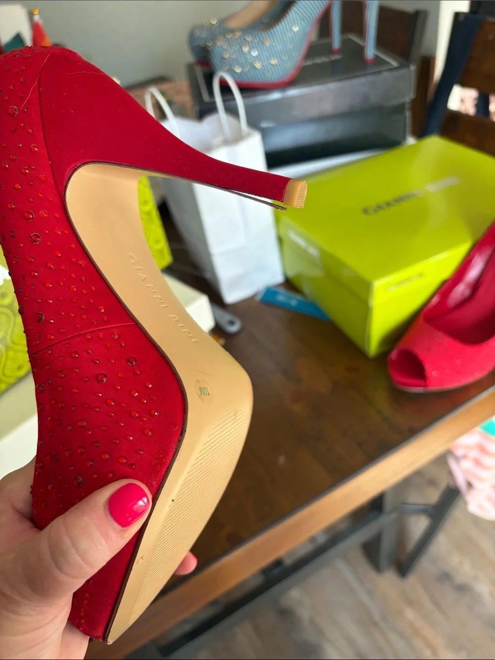 Gianni Bini Red Rhinestone Peep-Toe Heels